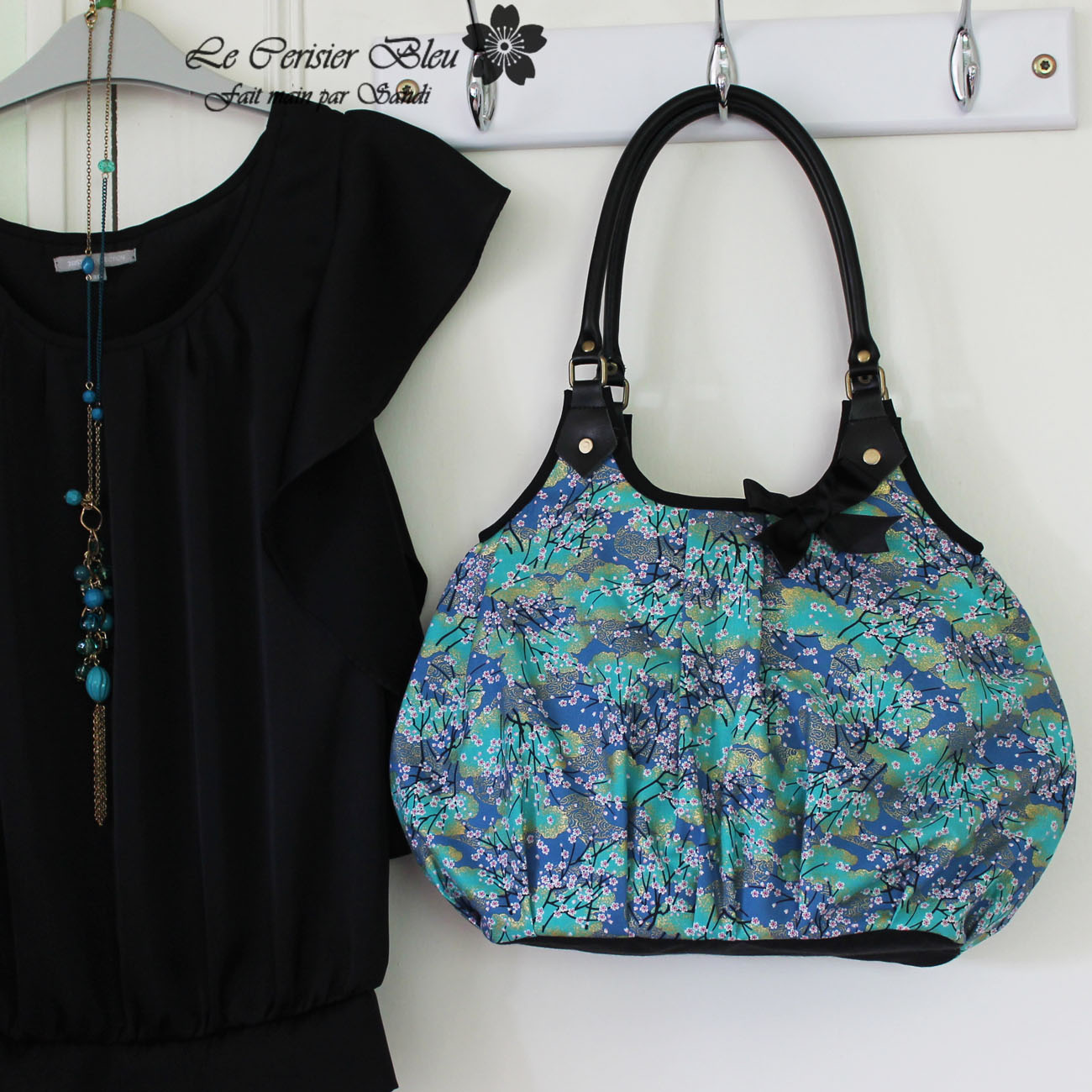 Shoulder bag tote bag - zipper closure - Akina turquoise doré